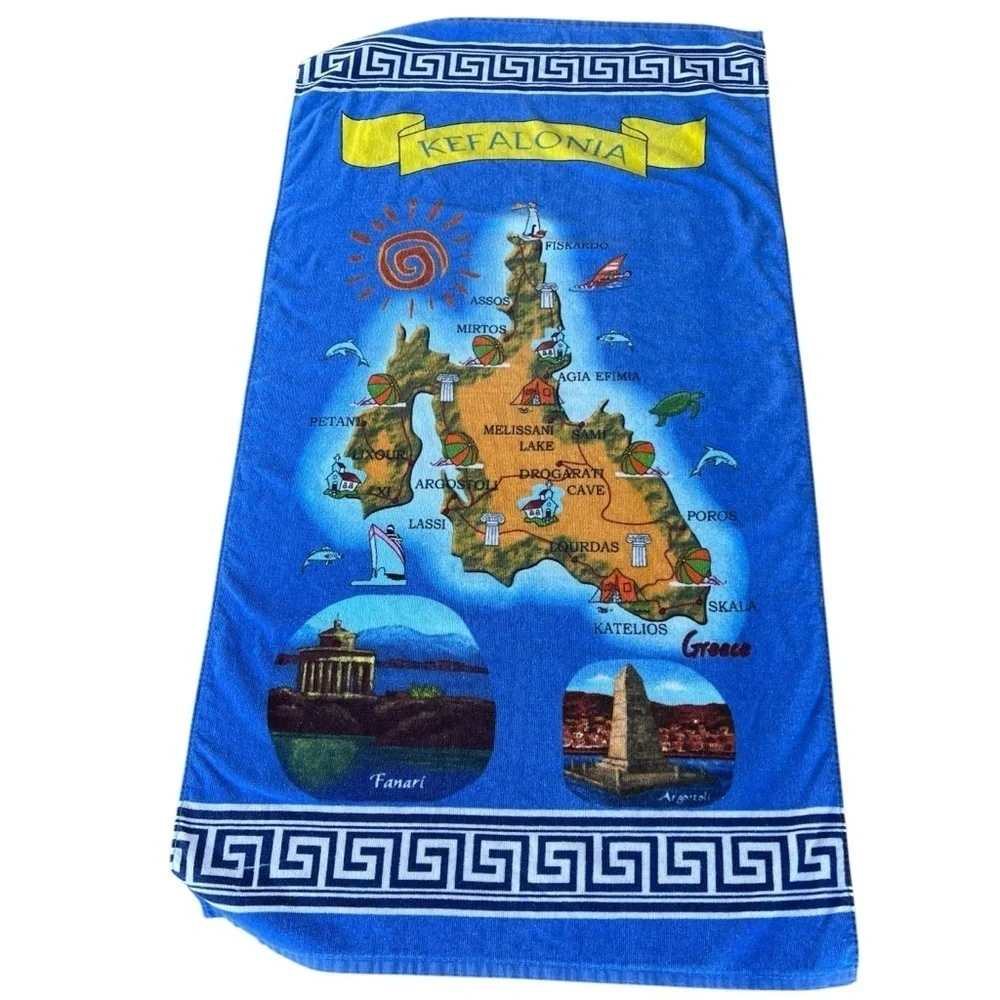 Kefalonia Greece Island Map Beach Towel Greek Key 100% Cotton 30x57 Souvenir